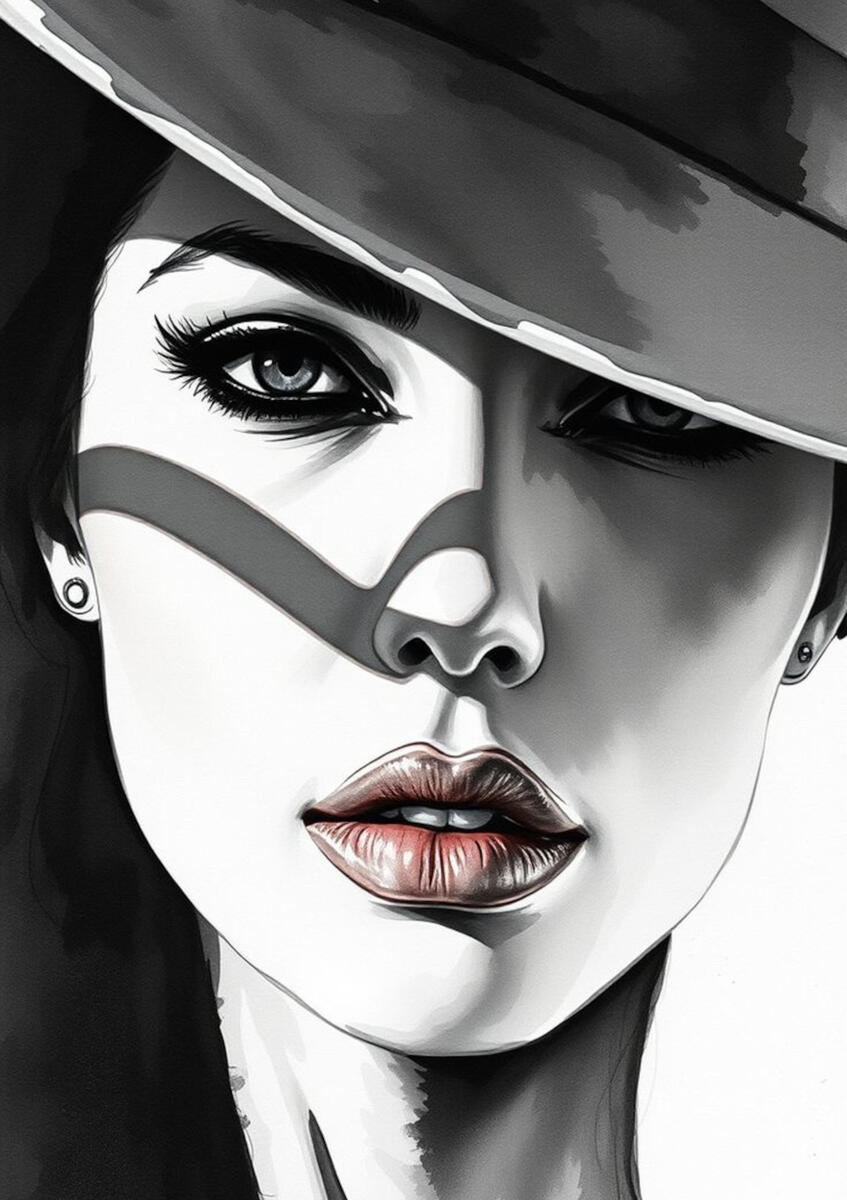 black and white portrait of woman in hat with red lips