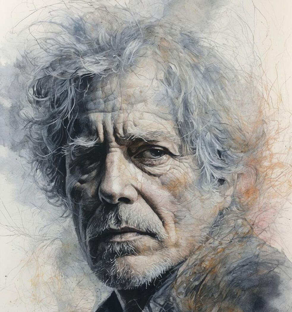 Watercolor portrait of elderly man with expressive face.