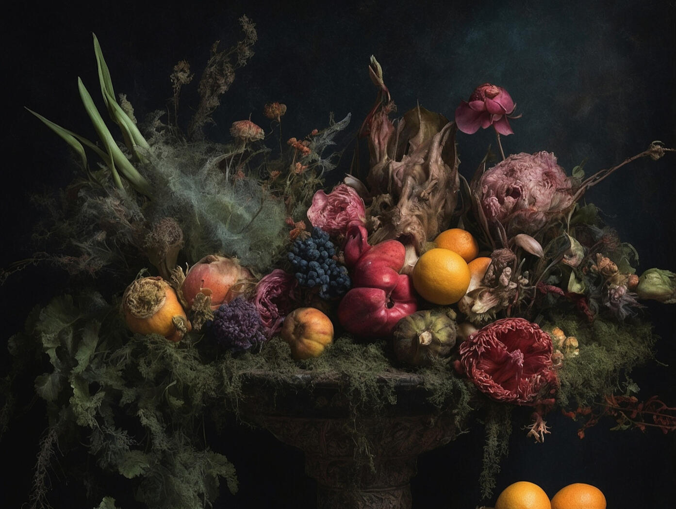 dark still life with fruits and flowers