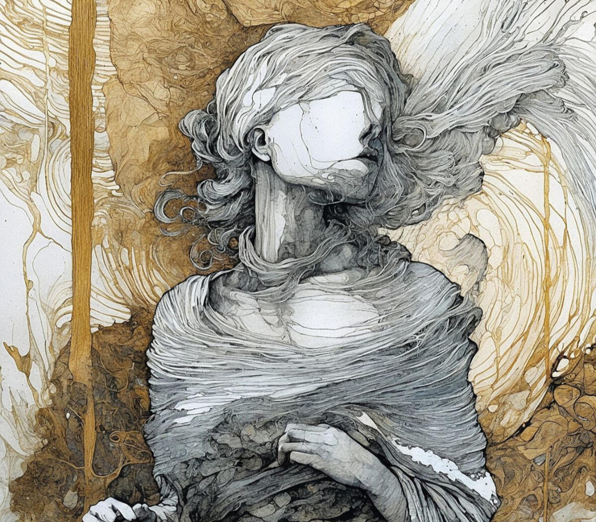 sepia watercolor portrait of a woman with intricate textures