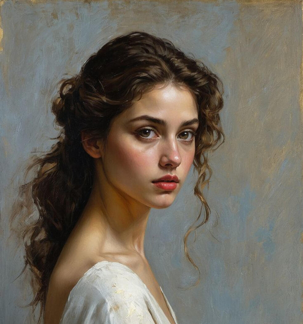 Hiperrealistic portrait of young woman in white dress.