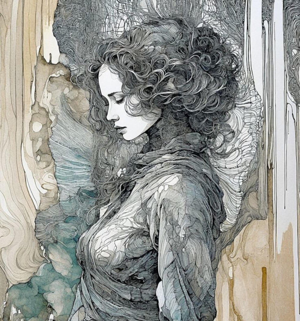 abstract figure in golden and grey tones