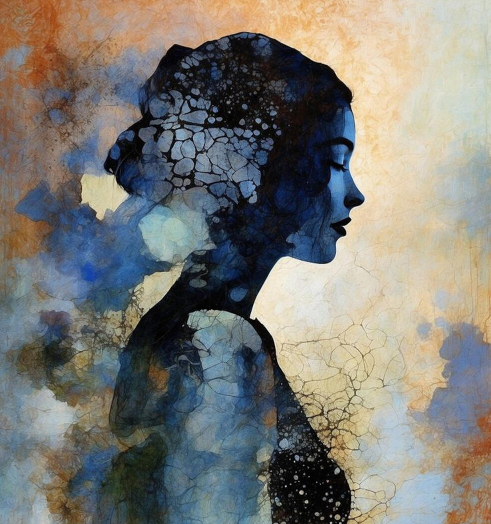 Abstract Silhouette of woman in blue mist.