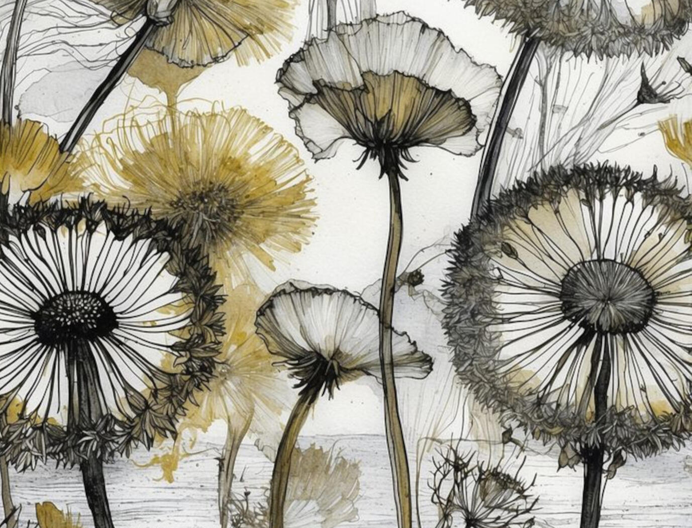 Golden dandelion botanical sketch on whote backgound.