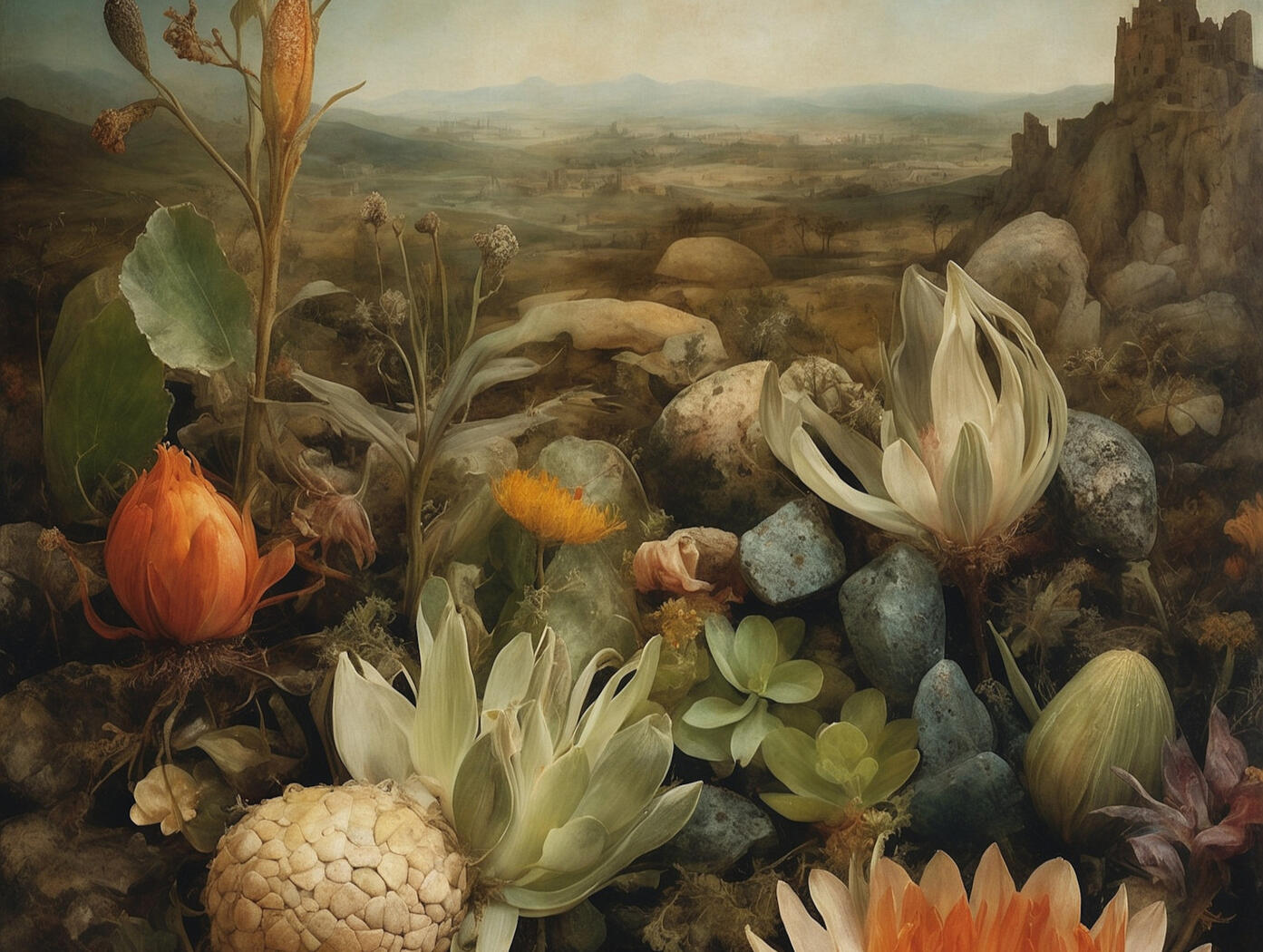 surreal botanical scene with flowers and stones