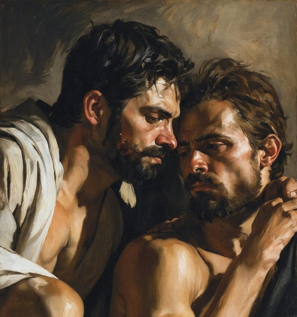 two men embracing, realistic painting