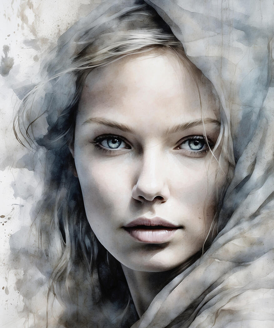 A watercolor portrait of a woman wrapped in misty fabric. Her piercing gaze and muted tones create an aura of mystery and quiet strength. Perfect for minimalist and modern interiors.