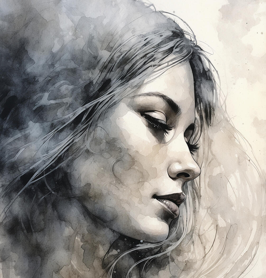 “A dreamy watercolor portrait of a woman with closed eyes, surrounded by smoky textures and soft brush strokes. A poetic, contemporary artwork full of calm and elegance.”