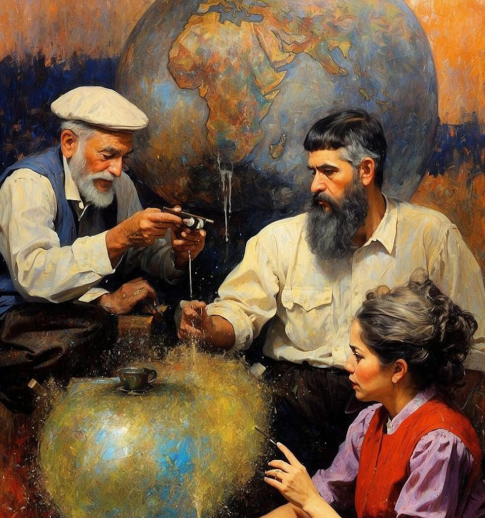 oil painting of three people with a globe