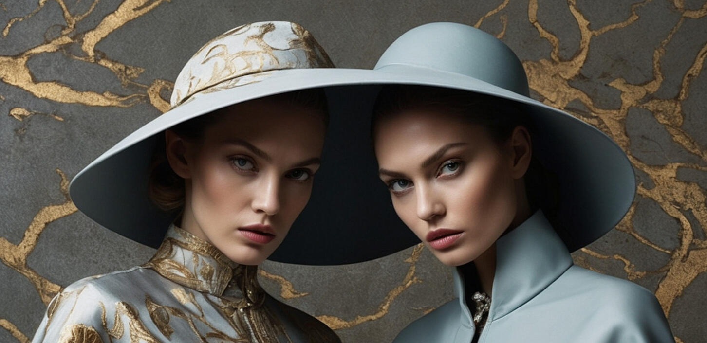 Elegance & Apples - Sisters in blue two women in elegant blue and gold silk robes holding aplles, fashion portrait with wide - brim hats